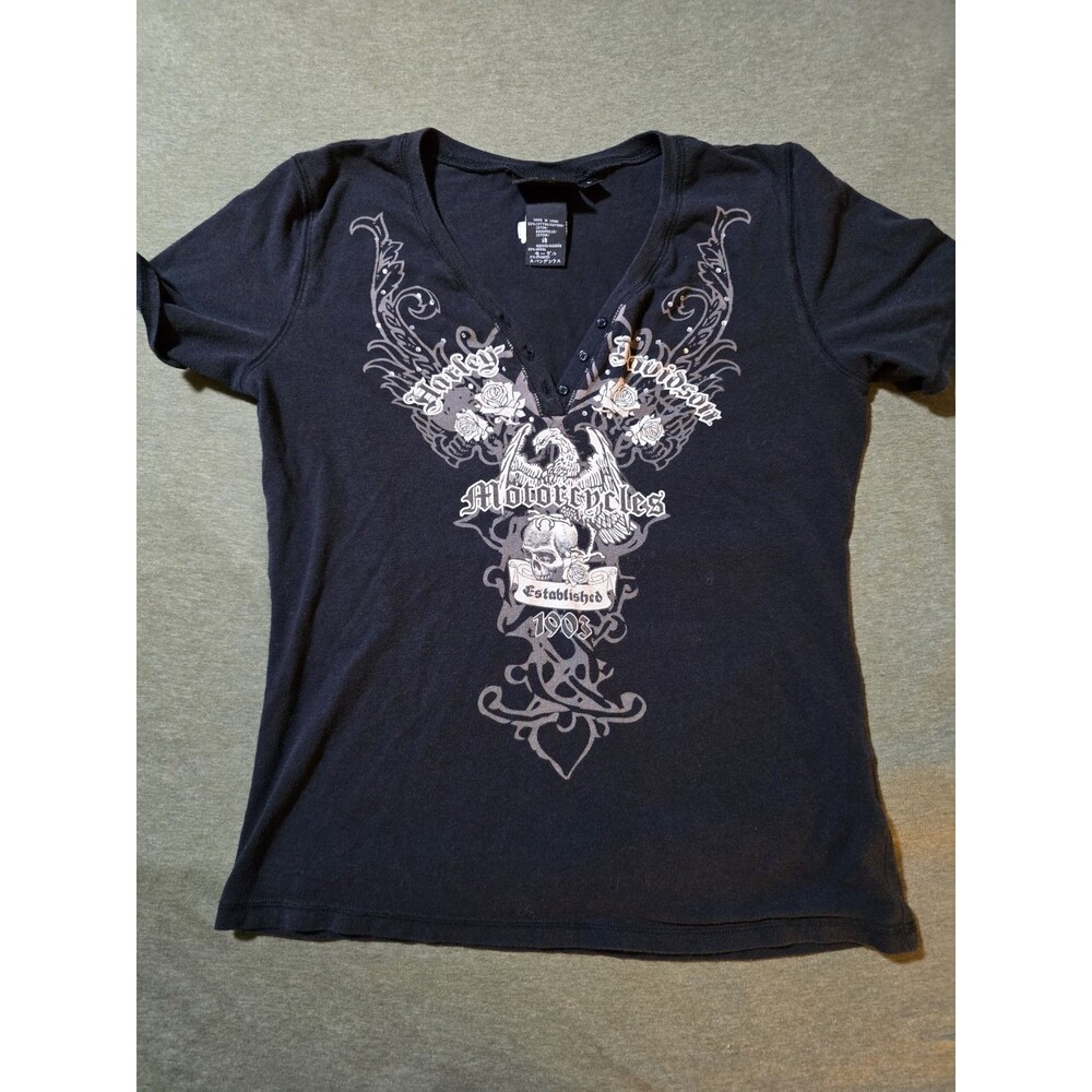 Womens Size Large Fitted Harley Davidson Knit Top Best Fit Medium Black Shirt